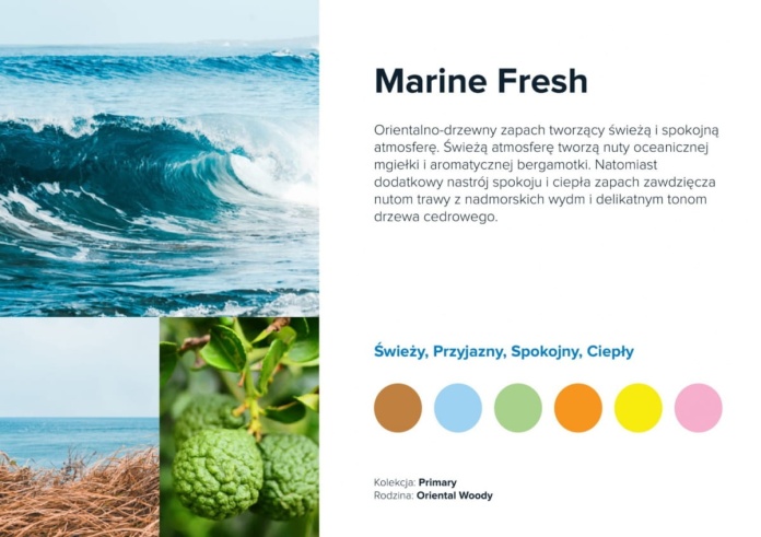 Nuty zapachowe Marine Fresh: woda morska, ozon, sól morska. Zapach świeży i orzeźwiający.